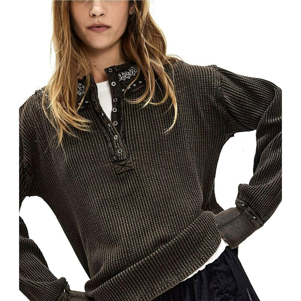 We The Free By Free People Embroidered Collar Thermal Henley Top Brown XS NWT